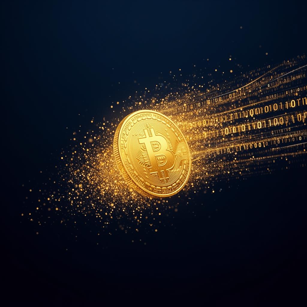 A gold coin dissolving into digital particles, symbolizing tokenized gold