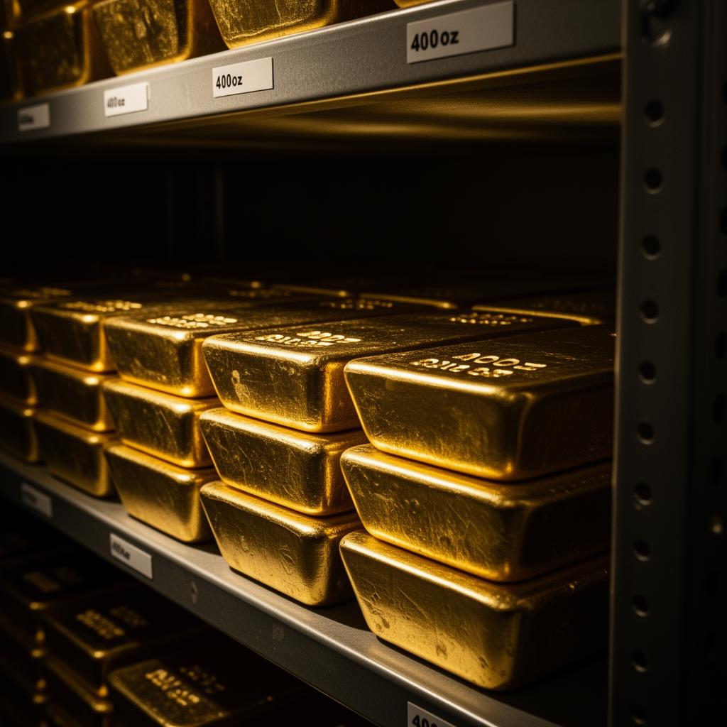 Rows of 400oz gold bullion bars stacked in a Swiss-style vault